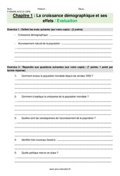 La croissance démographique et ses effets - Examen Evaluation avec les corrections : 9eme Harmos - PDF à imprimer