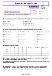 Priorités des opérations - Examen Evaluation de nombres et calculs pour la  : 8ème Harmos - PDF à imprimer