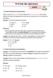 Priorités des opérations - Cours de nombres et calculs pour la  : 8ème Harmos - PDF à imprimer