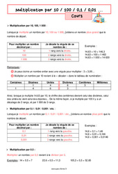 Multiplication par 10 / 100 / 0,1 / 0,01 - Cours de nombres et calculs pour la  : 8ème Harmos - PDF à imprimer