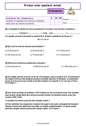 Evaluation Division avec quotient entier - Examen Evaluation de nombres et calculs pour la  : 8ème Harmos - PDF à imprimer