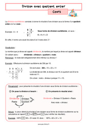 Division avec quotient entier - Cours de nombres et calculs pour la  : 8ème Harmos - PDF à imprimer