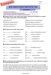 Quel/Quelle/Quels/Quelles/Qu’elle (Homophones grammaticaux) - Examen Evaluation d'orthographe pour la  : 8ème Harmos - PDF à imprimer