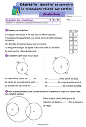 Identifier et connaitre le vocabulaire relatif aux cercles - Évaluation de géométrie : 5ème Harmos - PDF à imprimer