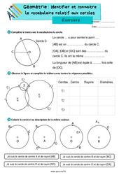 Identifier et connaitre le vocabulaire relatif aux cercles - Exercices de géométrie : 5ème Harmos - PDF à imprimer