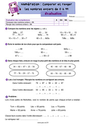 Comparer et ranger les nombres de 0 à 99 - Évaluation de numération : 5ème Harmos - PDF à imprimer