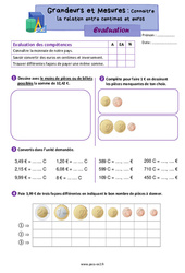 Connaitre la relation entre centimes et euros - Évaluation de grandeurs et mesures : 5ème Harmos - PDF à imprimer