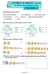 Connaitre la relation entre centimes et euros - Exercices de grandeurs et mesures : 5ème Harmos - PDF à imprimer