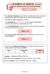 Connaitre les relations entre les unités de masse - Cours, Leçon de grandeurs et mesures : 5ème Harmos - PDF gratuit à imprimer