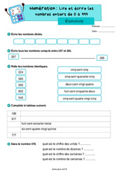 Lire et écrire les nombres entiers de 0 à 999 - Exercices de numération : 5ème Harmos - PDF à imprimer