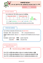 Lire et écrire les nombres entiers de 0 à 999 - Cours, Leçon de numération : 5ème Harmos - PDF gratuit à imprimer