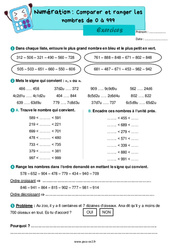 Comparer et ranger les nombres de 0 à 999 - Exercices de numération : 5ème Harmos - PDF à imprimer