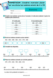 Encadrer, intercaler et placer sur une droite numérique les nombres de 0 à 999 - Exercices de numération : 5ème Harmos - PDF à imprimer