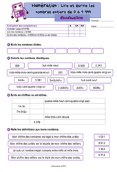 Lire et écrire les nombres entiers de 0 à 9999 - Évaluation de numération : 5ème Harmos - PDF à imprimer