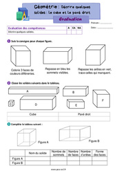 Décrire quelques solides le cube et le pavé droit - Évaluation de géométrie : 5ème Harmos - PDF à imprimer