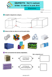 Décrire quelques solides le cube et le pavé droit - Exercices de géométrie : 5ème Harmos - PDF à imprimer