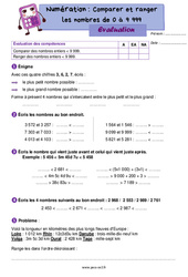 Comparer, ranger les nombres entiers de 0 à 9999 - Évaluation de numération : 5ème Harmos - PDF à imprimer