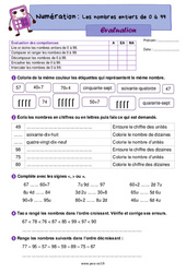 Les nombres entiers de 0 à 99 - Évaluation de numération : 5ème Harmos - PDF à imprimer