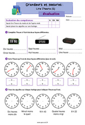 Lire l'heure (2) - Évaluation de grandeurs et mesures : 5ème Harmos - PDF à imprimer