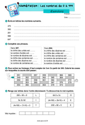 Les nombres entiers de 0 à 999 - Exercices de numération : 5ème Harmos - PDF à imprimer