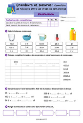 Connaître les relations entre les unités de contenances - Évaluation de grandeurs et mesures : 5ème Harmos - PDF à imprimer