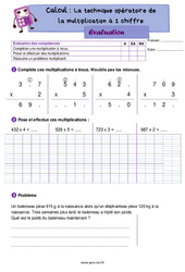 La technique opératoire de la multiplication à 1 chiffre - Évaluation de calcul : 5ème Harmos - PDF à imprimer