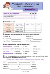Chercher un mot dans le dictionnaire - Évaluation de vocabulaire : 5ème Harmos - PDF à imprimer