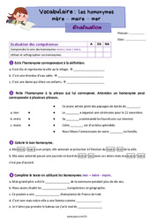 Les homophones mère - maire - mer - Évaluation de vocabulaire : 5ème Harmos - PDF à imprimer