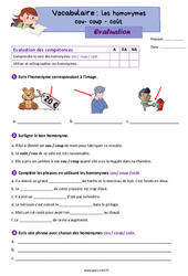 Les homonymes cou - coup - coût - Évaluation de vocabulaire : 5ème Harmos - PDF à imprimer