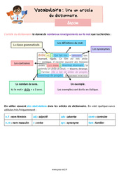 Lire un article de dictionnaire - Cours, Leçon de vocabulaire : 5ème Harmos - PDF gratuit à imprimer