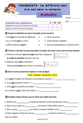 Les différents sens d’un mot selon le contexte - Évaluation de vocabulaire : 5ème Harmos - PDF à imprimer