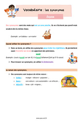 Les synonymes - Cours, Leçon de vocabulaire : 5ème Harmos - PDF gratuit à imprimer