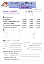 Les niveaux de langue - Évaluation de vocabulaire : 5ème Harmos - PDF à imprimer