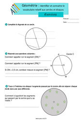 Identifier et connaitre le vocabulaire relatif aux cercles et disques - Exercices de géométrie : 6ème Harmos - PDF à imprimer