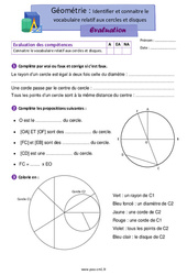 Identifier et connaitre le vocabulaire relatif aux cercles et disques - Évaluation de géométrie : 6ème Harmos - PDF à imprimer