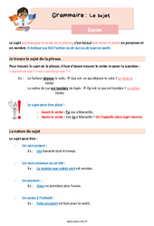 Le sujet - Cours, Leçon de grammaire : 6ème Harmos - PDF gratuit à imprimer