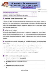 Groupe nominal (déterminant + nom) et groupe nominal prépositionnel (préposition + déterminant + nom) - Évaluation de grammaire : 6ème Harmos - PDF à imprimer