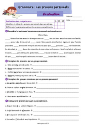 Les pronoms personnels - Évaluation de grammaire : 6ème Harmos - PDF à imprimer