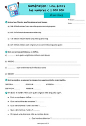 Lire, écrire les nombres inférieur à 1 000 000 - Exercices de numération : 6ème Harmos - PDF à imprimer