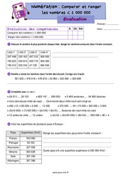 Comparer, ranger les nombres inférieur à 1 000 000 - Évaluation de numération : 6ème Harmos - PDF à imprimer