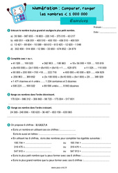 Comparer, ranger les nombres inférieur à 1 000 000 - Exercices de numération : 6ème Harmos - PDF à imprimer