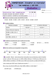 Encadrer et intercaler les nombres inférieur à 100 000 - Évaluation de numération : 6ème Harmos - PDF à imprimer