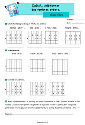 Additionner des nombres entiers - Exercices de calcul : 6ème Harmos - PDF à imprimer