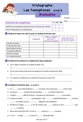 Les homophones - Fiches a/as/à - Évaluation d'orthographe : 6ème Harmos - PDF à imprimer