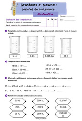 Mesures de contenances - Évaluation de grandeurs et mesures : 6ème Harmos - PDF à imprimer