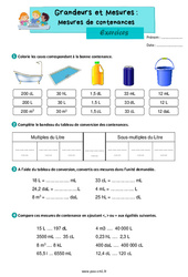 Mesures de contenances - Exercices de grandeurs et mesures : 6ème Harmos - PDF à imprimer