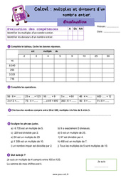 Multiples et diviseurs d’un nombre entier - Évaluation de calcul : 6ème Harmos - PDF à imprimer