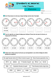 Lire l’heure - Exercices de grandeurs et mesures : 6ème Harmos - PDF à imprimer