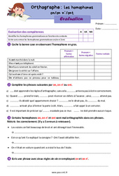 Les homophones grammaticaux - Fiches on/on n’/ont - Évaluation d'orthographe : 6ème Harmos - PDF à imprimer