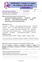 Comparer, ranger les nombres inférieur à 1 000 000 000 - Évaluation de numération : 6ème Harmos - PDF à imprimer